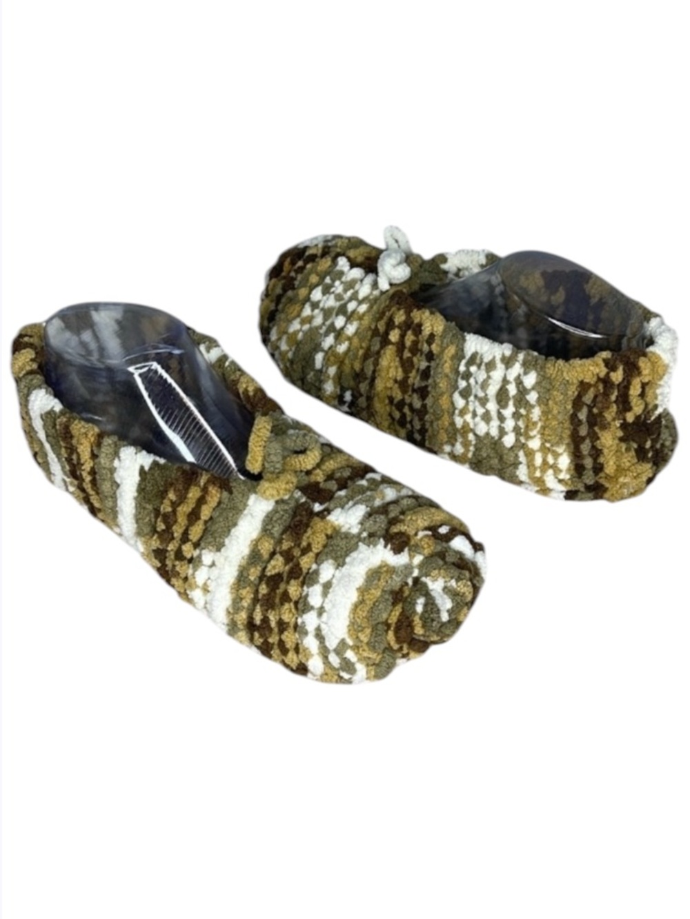 HAND Knit Chenille Slippers Green Brown Mix Thick Soft Cozy Size Large 7-9